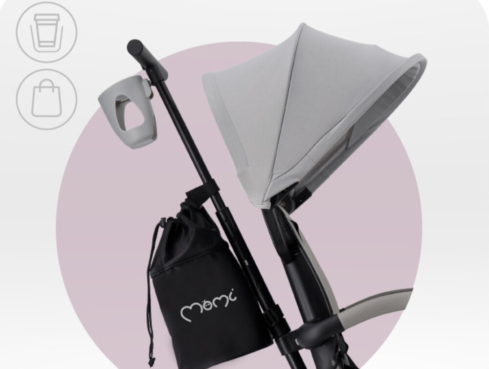 Rowerek trójkołowy MOMI Solivia 4w1 Opony Eva Szary rączka zbliżenie na daszek widok na uchwyt na kubek i torbę uchwyt na kubek praktyczna torba organizacja drobiazgów wspiera codzienne funkcjonowanie rodziny