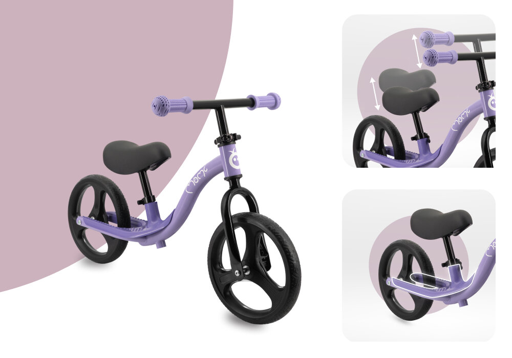 Rowerek biegowy MOMI Isoka Fioletowy rowerek na jasnym tle widoczny od przodu pod skosem obok dwa zdjecia ze zbliżeniem na siodełko kierownicę i podnóżki nauka równowagi koordynacji świadomego kontrolowania ruchu przygotowuje malucha do późniejszej jazdy na klasycznym rowerze rozwija motorykę aktywność na świeżym powietrzu lekka konstrukcja