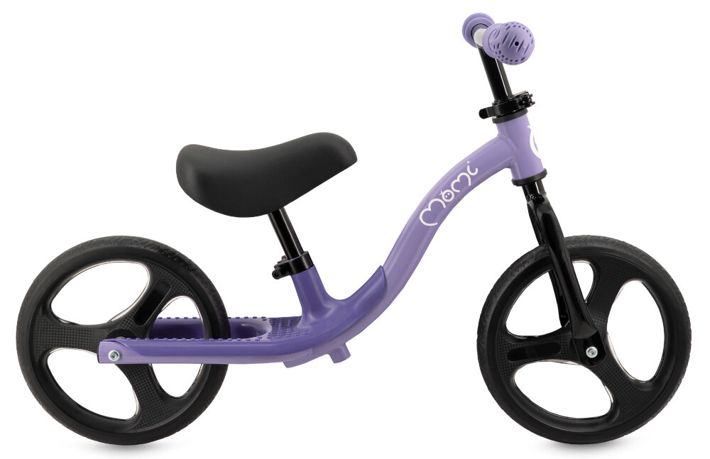 Rowerek biegowy MOMI Isoka Fioletowy rowerek na białym tle widoczny z boku lekka rama o masie 3,2 kg swobodne prowadzenie stalowa 9,5-calowa konstrukcja trwałość stabilność ramy wspiera rozwój równowagi