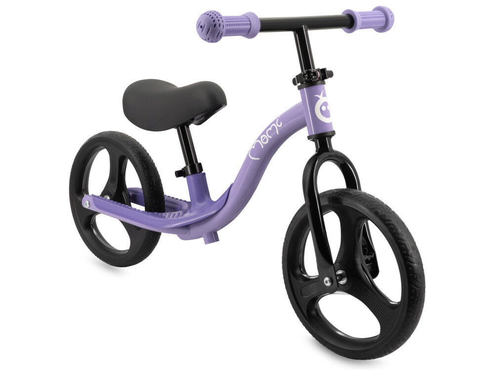 Rowerek biegowy MOMI Isoka Fioletowy rowerek na białym tle widoczny od przodu pod skosem spełnia europejskie normy EN 71-1, EN 71-2 i EN 71-3 bezpieczeństwo zastosowanych materiałów i konstrukcji odpowiedni dla dzieci od 2. roku życia do maksymalnej wagi do 35 kg sprawdzony pod kątem użytkowania