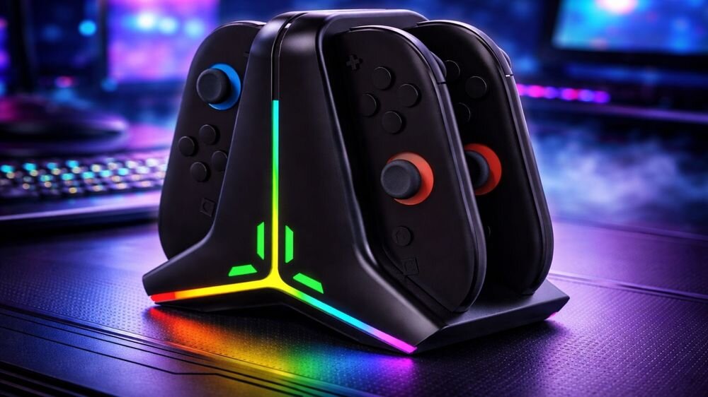 Stacja ładująca SNAKEBYTE SB924064 do Nintendo Switch 2 Czarny prezentacja stacji ładującej na biurku podświetlenie