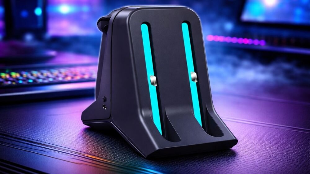 Stacja ładująca SNAKEBYTE SB924064 do Nintendo Switch 2 Czarny prezentacja stacji ładującej na biurku podświetlenie ładowanie 4 kontrolerów jednocześnie Nintendo Switch 2 wsuwana konstrukcja indywidualne diody LED informują o stanie baterii zasilanie przez port USB-C