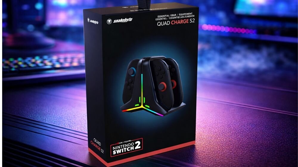 Stacja ładująca SNAKEBYTE SB924064 do Nintendo Switch 2 Czarny prezentacja opakowania na biurku podświetlenie