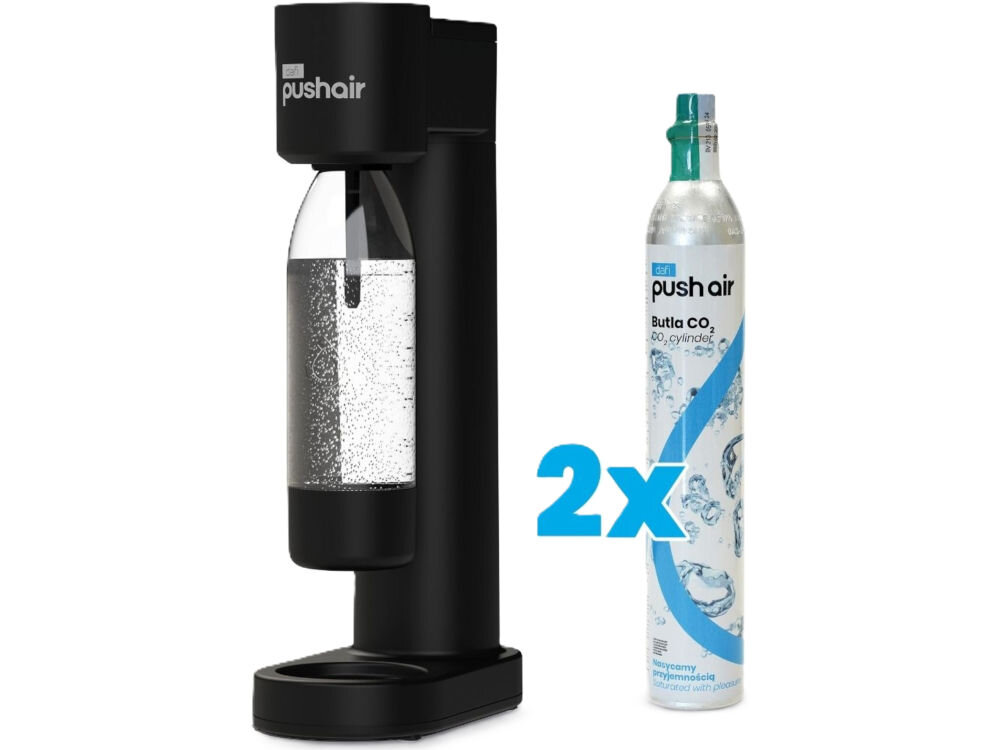 Saturator DAFI PushAir Czarny z dwoma nabojami + butelka czarny saturator stoi bokiem zamontowana butelka obok stoi nabój białe tło urządzenie praktyczna butelka o pojemności 700 ml dwie oryginalne butle z gazem CO₂ do 60 l napoju orzeźwiająca woda gazowana