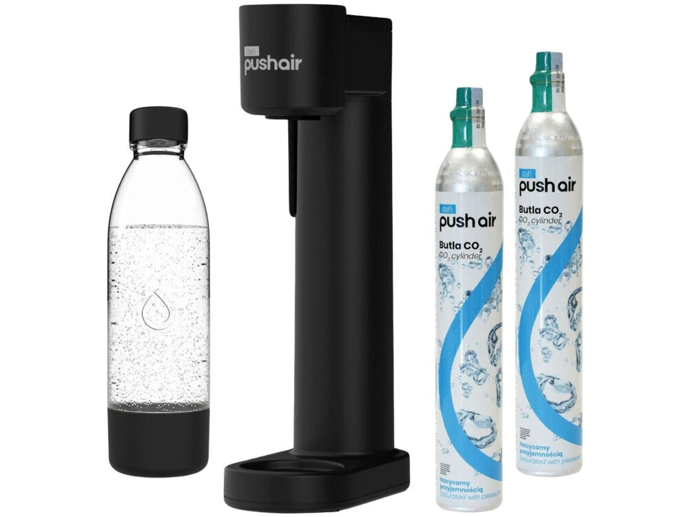 Saturator DAFI PushAir Czarny z dwoma nabojami + butelka 1 x butelka 0,7 l 2 x nabój CO2 dokumentacja białe tło