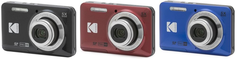 Trzy aparaty fotograficzne w kolorach czarnym, czerwonym i niebieskim, każdy z logo \'KODAK\' oraz oznaczeniem \'5X WIDE\' i \'FULL HD\'.