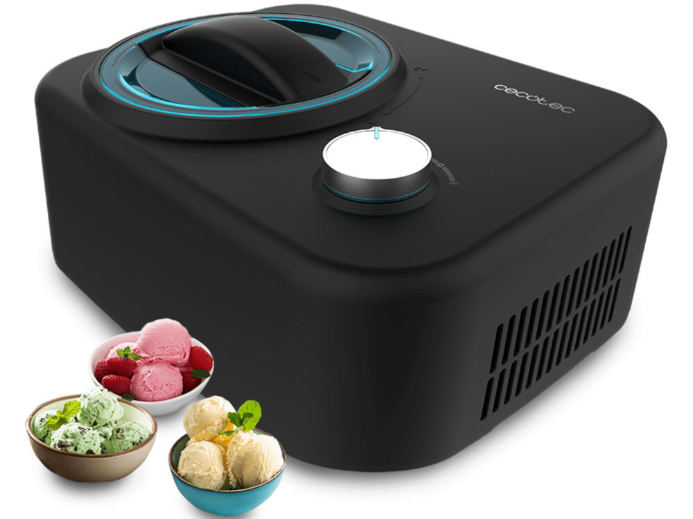 Maszynka do lodów CECOTEC Gelacy 800 maszynka do lodów stoi bokiem czarna obudowa srebrne pokrętło białe tło obok maszynki lody w miseczkach  pojemność 0,8 litra większe porcje deserów przestronna komora lody dla całej rodziny lub przyjaciół mała impreza zapas lodów na kilka dni oszczędność czasu i energii 