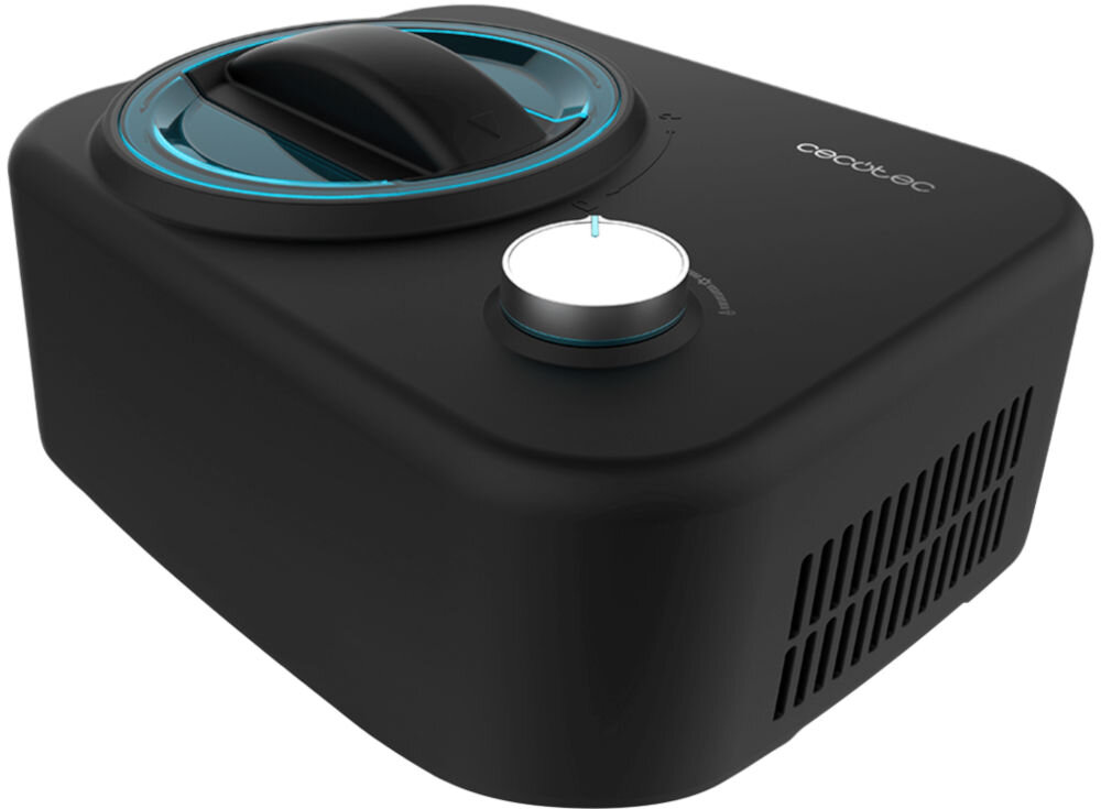 Maszynka do lodów CECOTEC Gelacy 800 maszynka do lodów stoi bokiem czarna obudowa srebrne pokrętło białe tło funkcja chłodzenia utrzymanie odpowiedniej temperatury przez godzinę po zakończeniu procesu przygotowania lodów świeże lody optymalna konsystencja przez dłuższy czas w profesjonalnych kuchniach podczas przyjęć wygodne serwowanie lodów efektywne zarządzanie czasem 