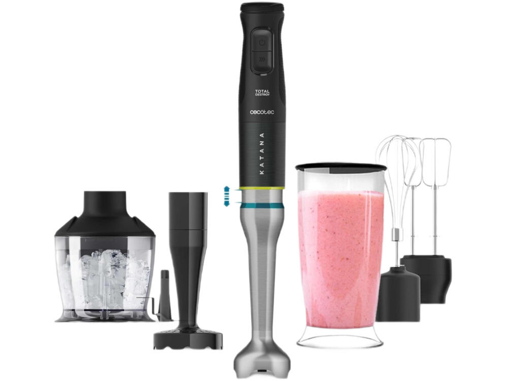 Blender CECOTEC Katana 15 TotalDestroy Smash B końcówka do blendowania końcówka do ucierania końcówka do ubijania, rozdrabniacz pojemnik z miarką 800 ml pokrywka dokumentacja białe tło