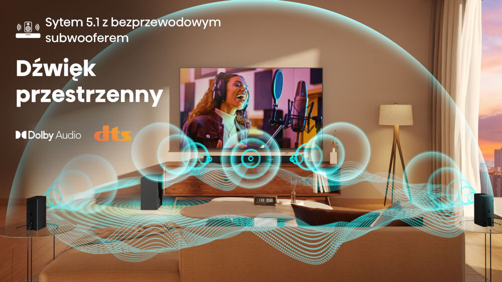 Soundbar HISENSE HS5100 - Dźwięk przestrzenny bez kabli, soundbar na komodzie wsalonie z którego wydobywac się dźwięk, głośniki rozmieszczone po całym pomieszczeniu