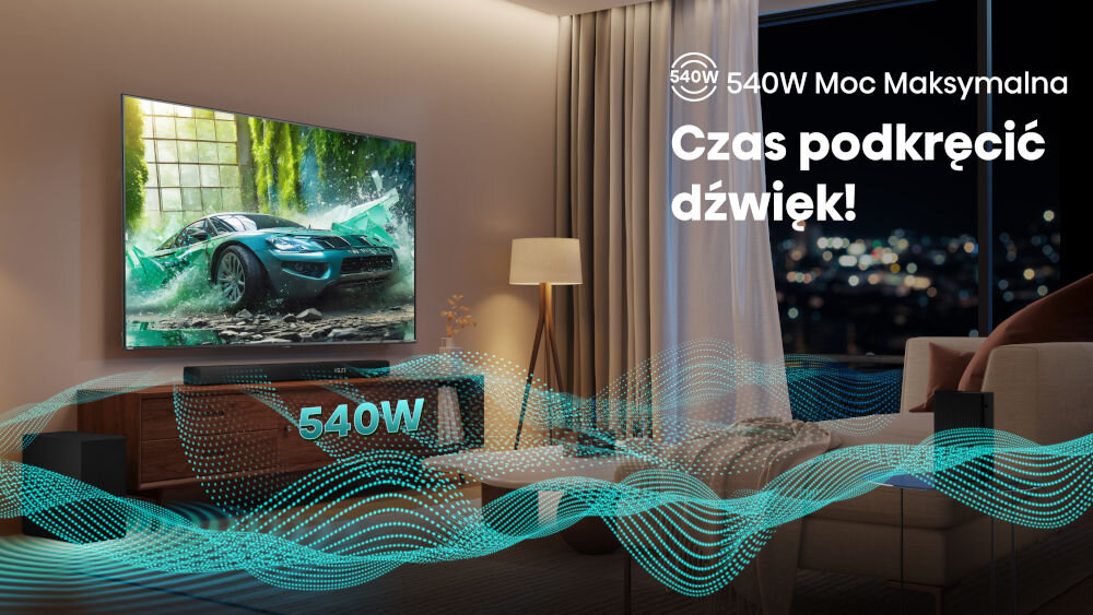 Soundbar HISENSE HS5100 - Mocny dźwięk bez kompromisów, soundbar na komodzie pod telewizorem, dźwięk rozchodzący się po pokoju