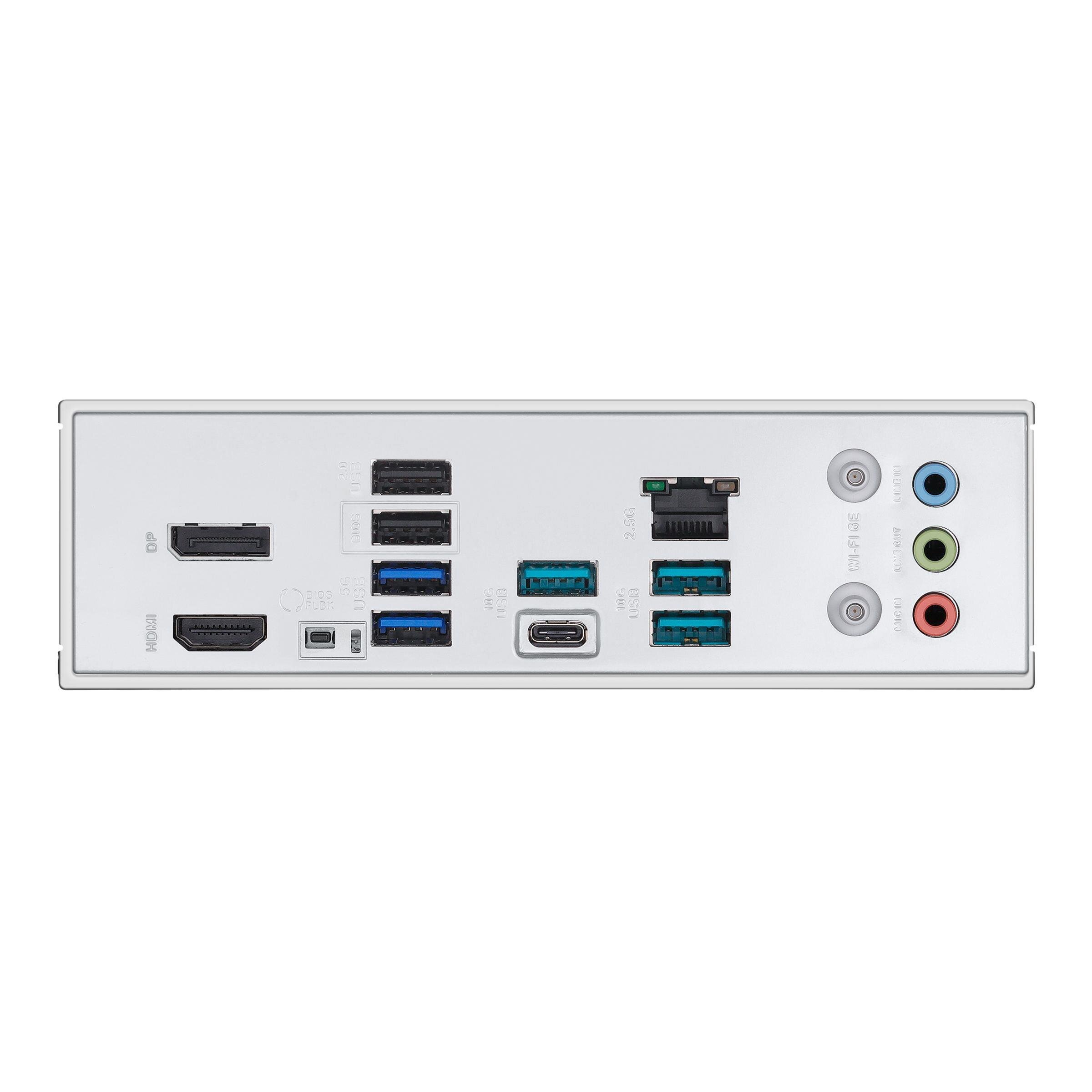 Panel tylny płyty głównej z różnymi portami, w tym HDMI, USB, Ethernet oraz złączami audio. Widoczne są także porty USB typu C i DisplayPort.