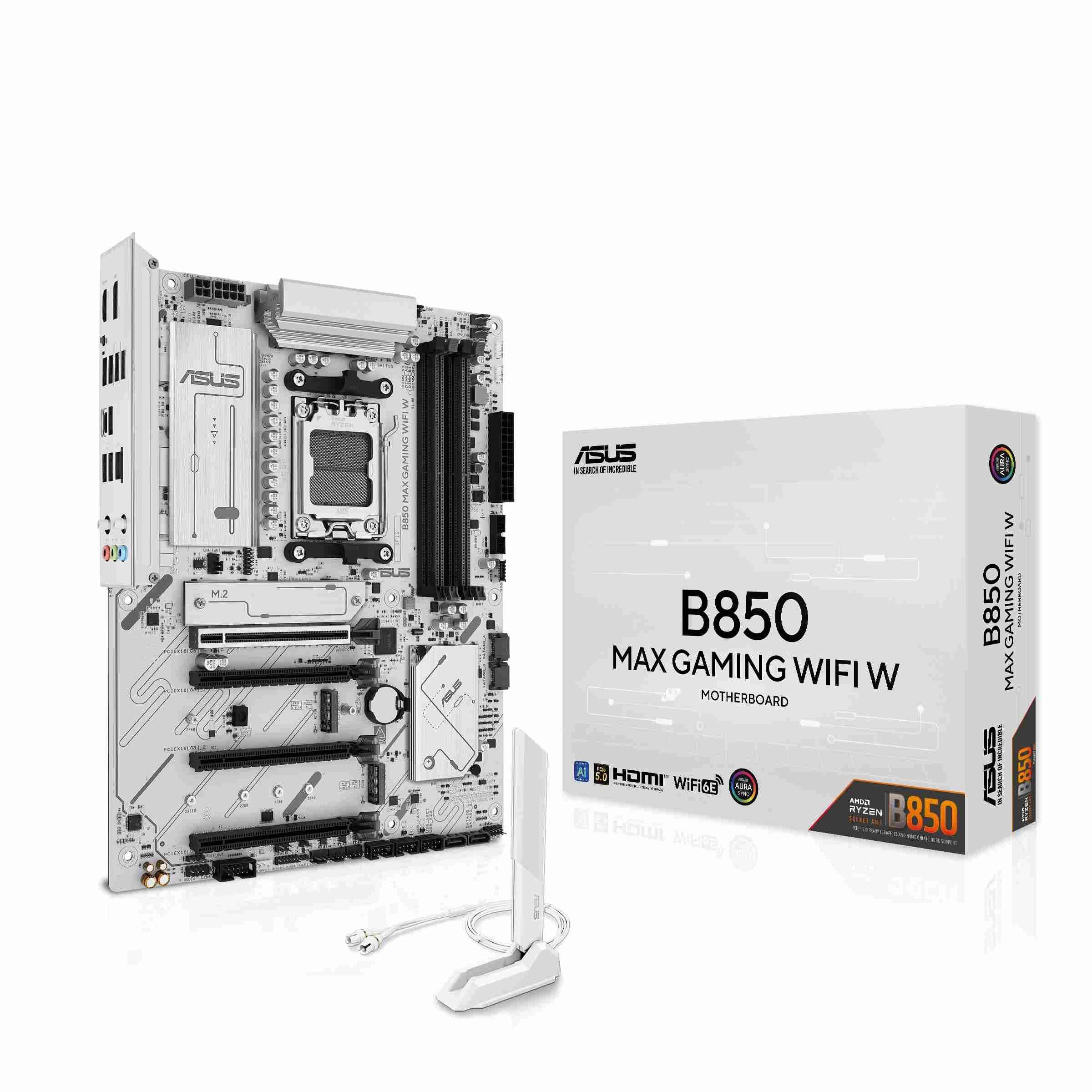 Na obrazie widoczna jest płyta główna z logo Asus oraz pudełko z napisem \'B850 Max Gaming Wifi W Motherboard\'. Obok znajduje się antena z kablem.