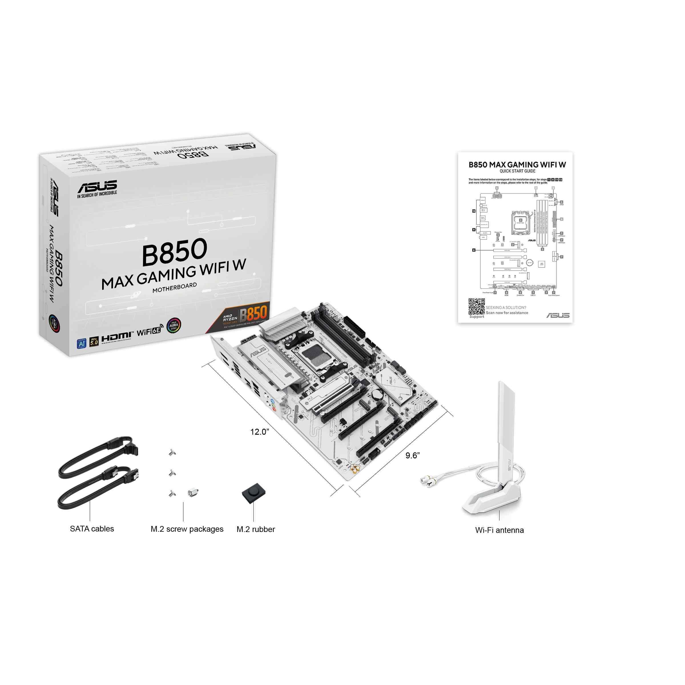 Na obrazie znajduje się płyta główna z oznaczeniem B850 Max Gaming Wifi W, opakowanie, instrukcja oraz akcesoria takie jak kable SATA, antena Wi-Fi, śrubki M.2 i gumka M.2. Widoczne są również wymiary płyty głównej: 12.0 x 9.6 cala.
