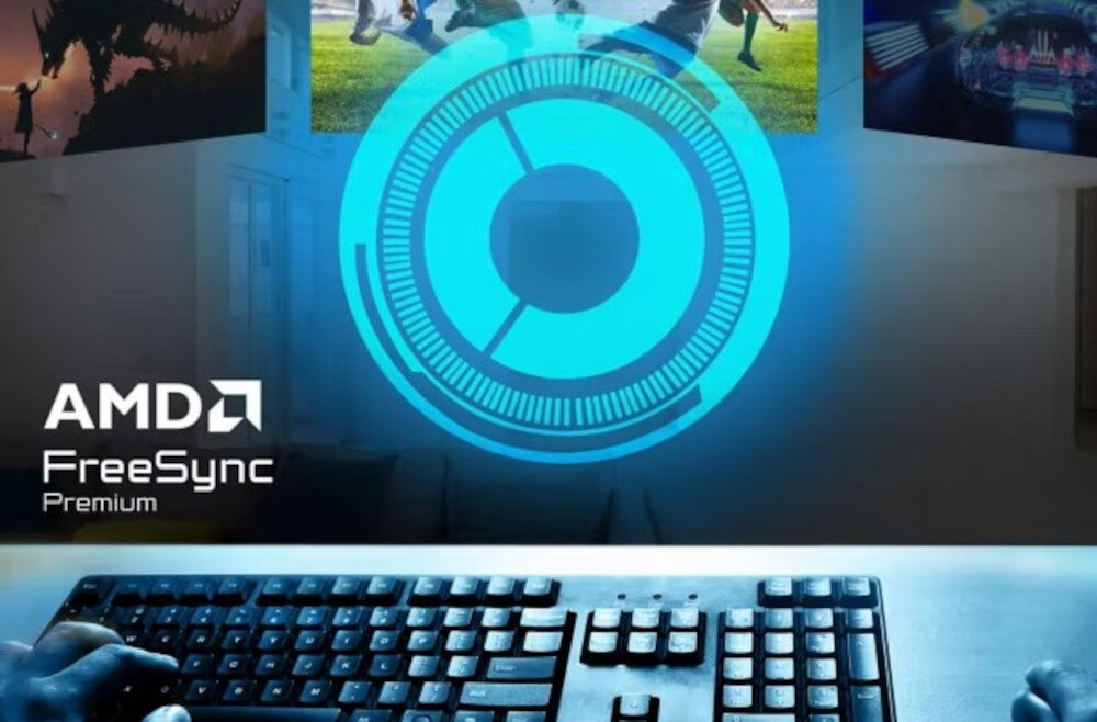 PANASONIC TV65W95BEG AMD FreeSync Premium płynny obraz bez tearingu 4K, osoba siedząca za biurkiem, trzy kadry z gier