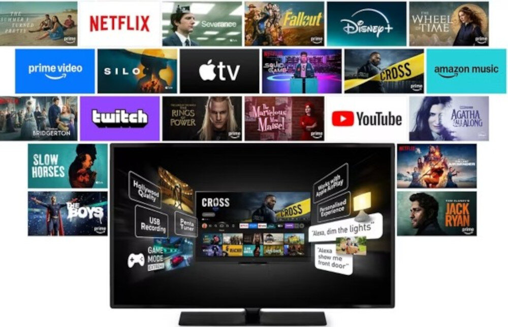PANASONIC TV65W95BEG Fire TV Netflix Prime Video Disney+ obraz zgodny z master, telewizor od frontu z kafelkami platform streamingowych oraz kadrów z filmów