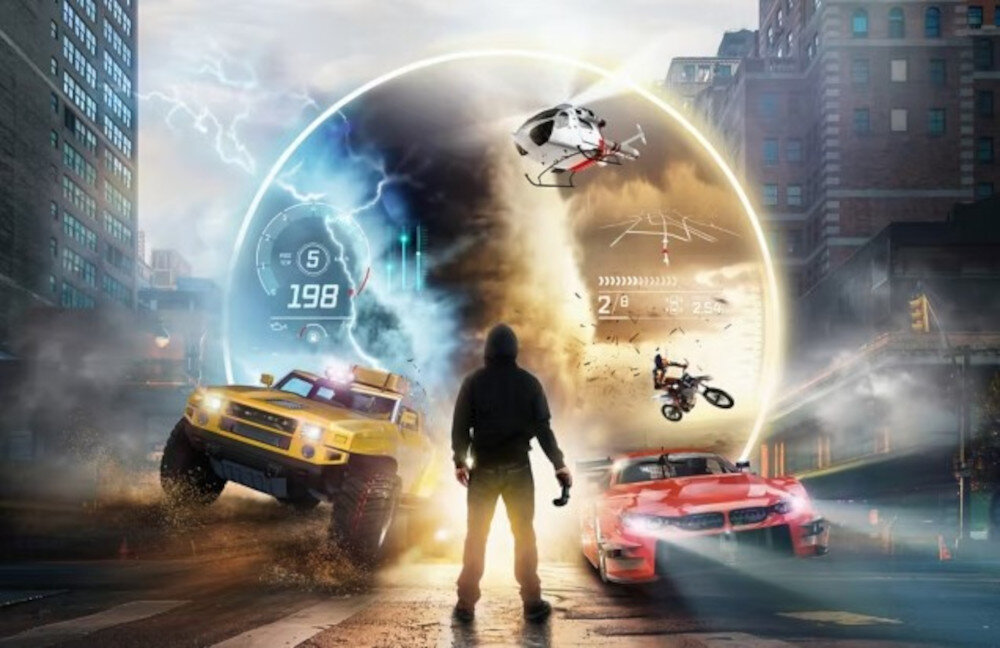 PANASONIC TV55W95BEG Game Mode Extreme 144Hz HFR VRR płynna gra 4K, osoba stojąca na drodze, dwa samochody jadące w kierunku tej osoby