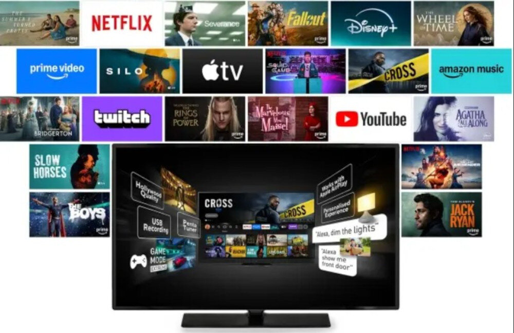 Telewizor PANASONIC TV-65Z95BEG Fire TV integracja platform skalibrowany obraz, telewizor od frontu na białym tle, kafelki platform streamingowych i filmów