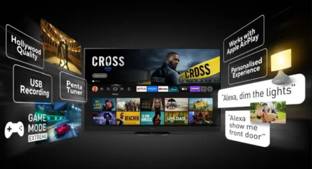 Telewizor PANASONIC TV-77Z95BEG Fire TV sterowanie inteligentnym domem, telewizor od frontu na czarnym tle