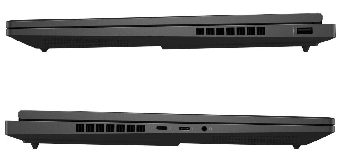 Laptop HP Omen 16 - Dwa laptopy HP Omen 16 o identycznym designie, ukazujące złącza po bokach w różnych ujęciach. 