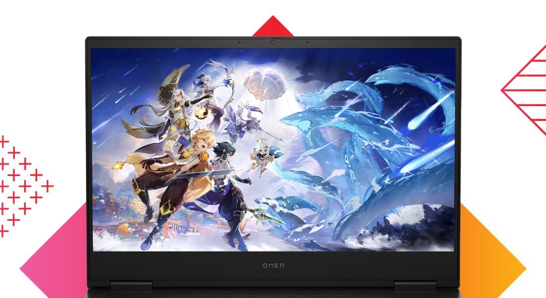 Laptop HP Omen 16 - Laptop HP Omen 16 z wizerunkiem dziewczyny i smoka na ekranie, ukazujący kreatywną grafikę.  