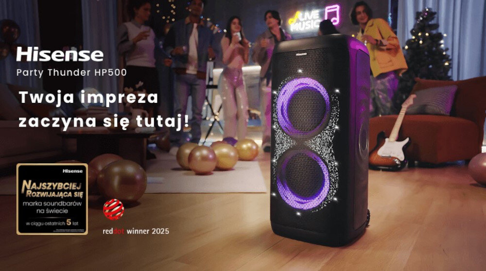 Power Audio HISENSE Party Thunder 620W sześć głośników głęboki bas krystaliczne wysokie tony, urządzenie stojące na podłodze w pomieszczeniu