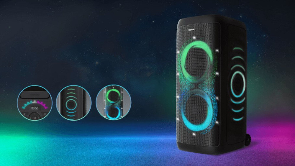 Power Audio HISENSE Party Thunder 18 godzin pracy bateria długi czas słuchania, głośnik po skosie na ciemnym tle