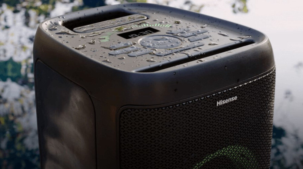 Power Audio HISENSE Party Thunder AI Vocal Fader wyciszanie wokali karaoke, urządzenie w kroplach wody