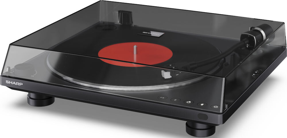 Gramofon SHARP RP-TT100 aluminiowy talerz gumowa mata tłumienie drgań, gramofon po skosie na białym tle