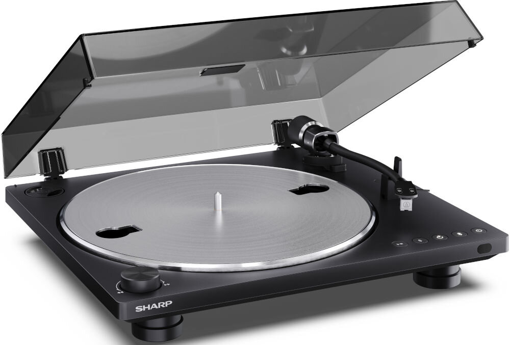 Gramofon SHARP RP-TT100 osłona przeciwpyłowa wymiary waga konstrukcja, gramofon po skosie na białym tle