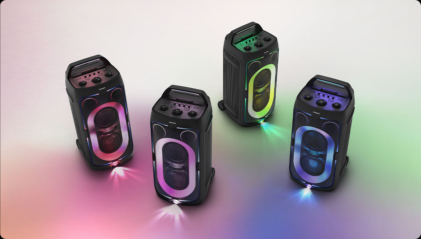 1352x766 mx-st50f features 2 party lights Four Samsung Sound Tower speakers emit different colored LED party lights.
