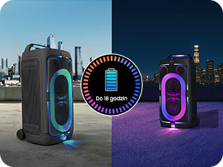 320x240 mx-st50f features 3 18h playtime Side-by-side scenes of the Sound Tower ST50F on rooftop during the day and at night with battery illustration. Up to 18Hrs.