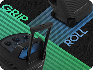 320x240 mx-st50f features 4 grip roll Close-up of the Sound Tower ST50F's handle with the word GRIP, and built-in wheels with the word ROLL.