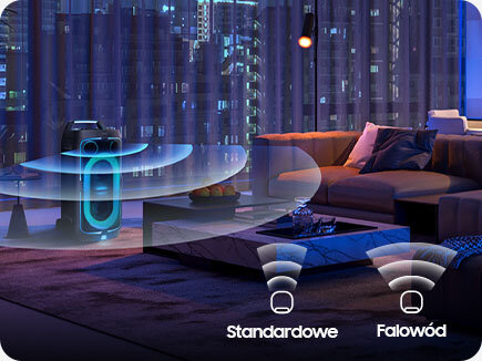 435x326 waveguide Waveguide on Samsung Sound Tower disperses audio evenly in living room. Icons show Waveguide's range is wider than Normal.