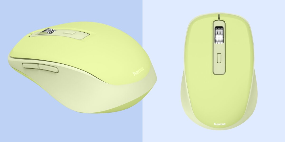 Porównanie limonkowej myszy: z lewej strony widok pod kątem z przyciskami bocznymi, z prawej widok z góry, ukazujący rolkę i przycisk DPI.