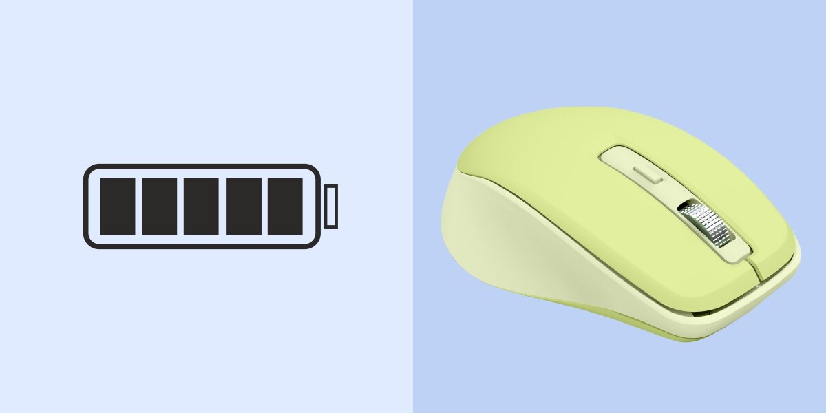 Z lewej strony ikona pełnego naładowania baterii, z prawej limonkowa mysz bezprzewodowa, sugerująca długi czas pracy na baterii.