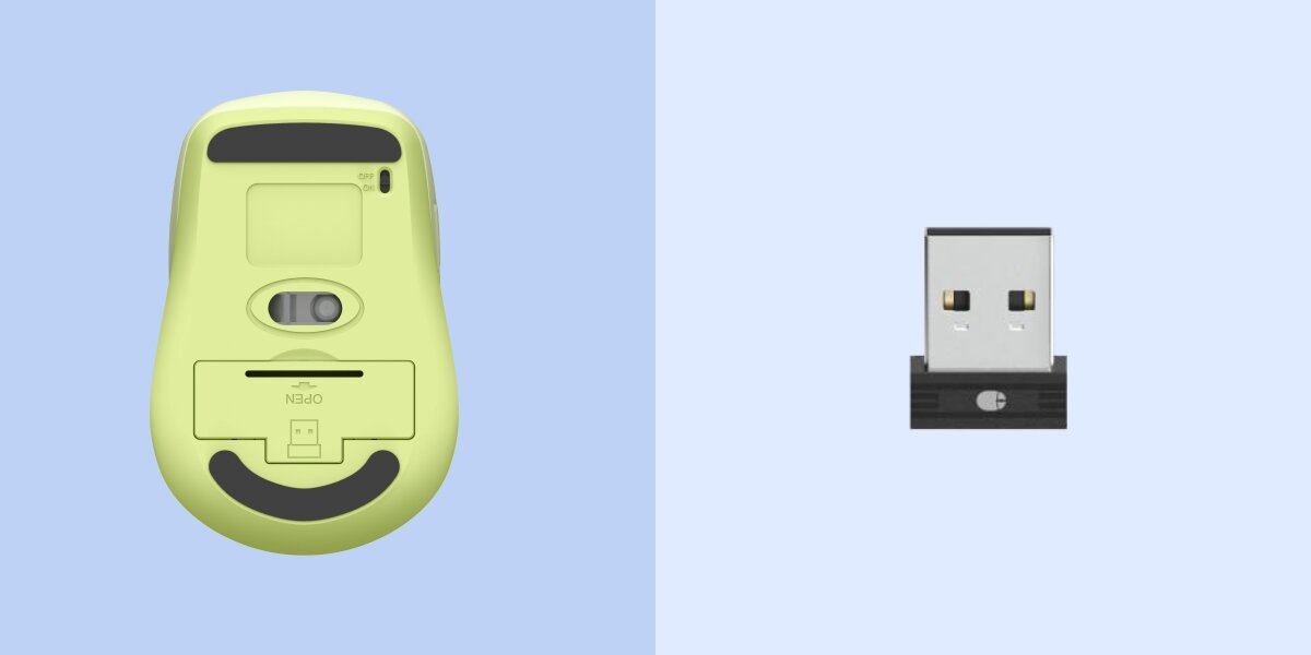 Z lewej strony spód myszy w kolorze limonkowym, ukazujący sensor, przełącznik i komorę na odbiornik USB, z prawej odbiornik USB (dongle).