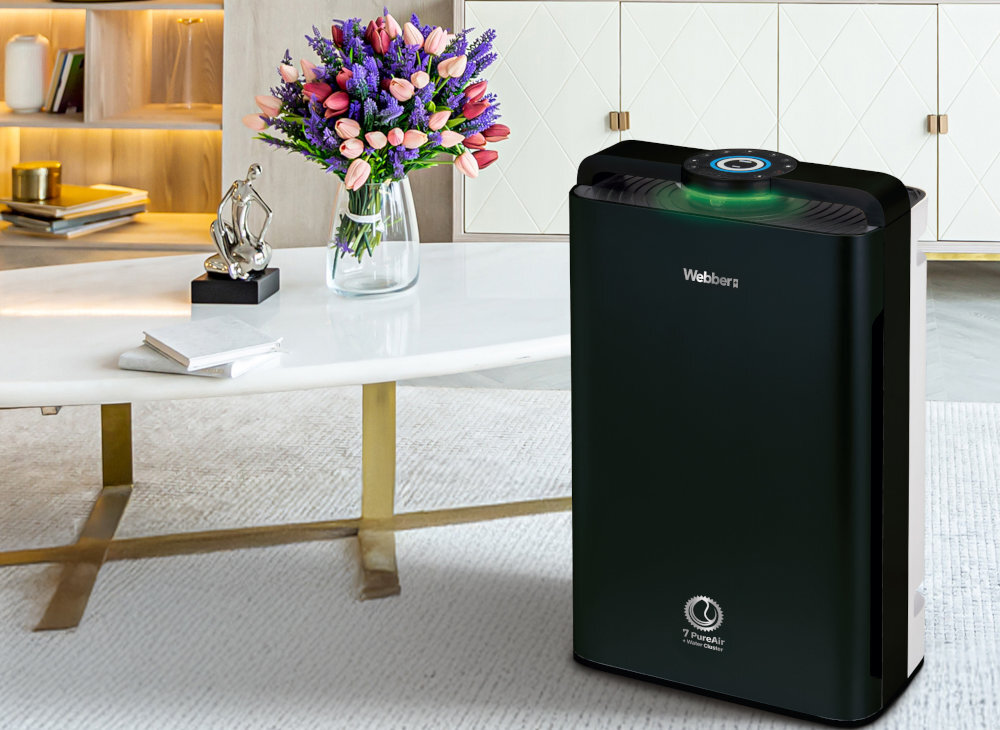 Oczyszczacz powietrza WEBBER AP 9700 WIFI Czarny wygląd design tło prezentacja wizualizacja Zdrowe powietrze w domu
