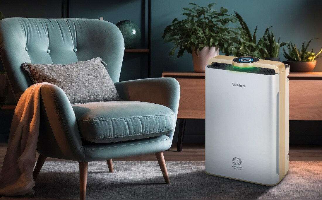 Oczyszczacz powietrza WEBBER AP 9700 WIFI Złoty wygląd design tło prezentacja wizualizacja Zdrowe powietrze w domu