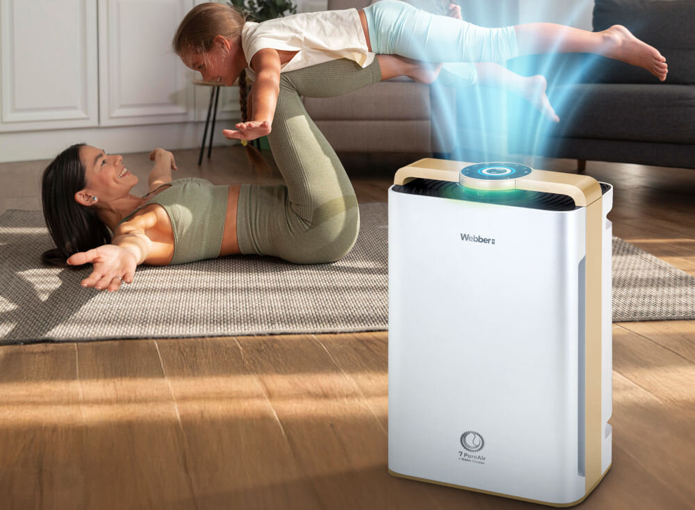 Oczyszczacz powietrza WEBBER AP 9700 WIFI Złoty Cicha praca Poziom hałasu Smukła konstrukcja wspiera codzienne funkcjonowanie 