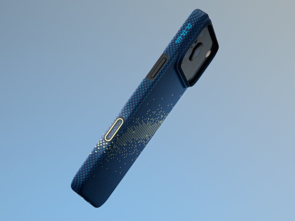 Etui PITAKA Ultra-Slim MagSafe
                etui widoczne z boku na niebieskim tle
                minimalistyczny wygląd przyjemna w dotyku faktura kompatybilność ładowanie magsafe technologia pitatap smukła funkcjonalna forma