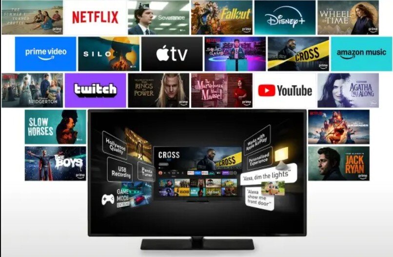 Telewizor PANASONIC TV-43W85BEZ Fire TV integracja kanałów aplikacji szybki dostęp, telewizor od frontu z kafelkami różnych platform i filmów