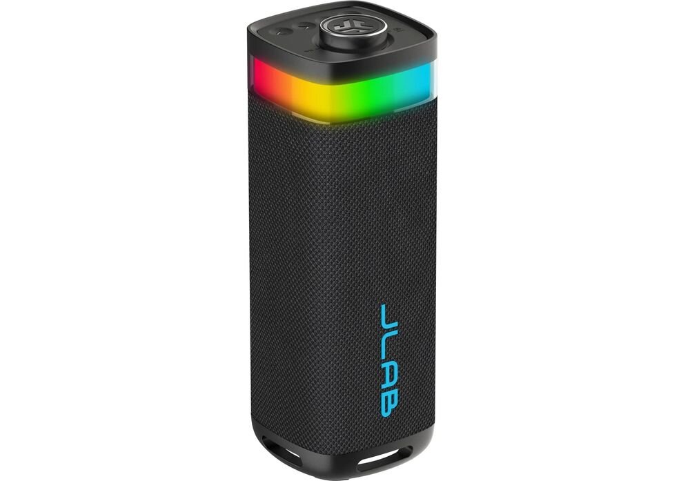 Głośnik mobilny JLAB Jbuds Party TWS stereo lewy prawy kanał przestrzenny dźwięk, głośnik po skosie na białym tle