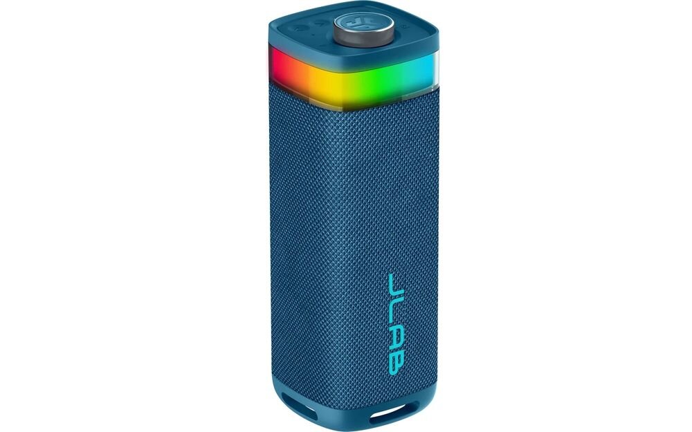 Głośnik mobilny JLAB Jbuds Party TWS stereo lewy prawy kanał przestrzenny dźwięk, głośnik po skosie na białym tle