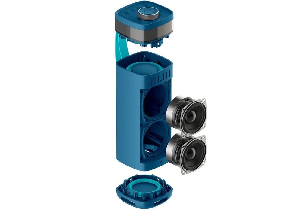 Głośnik mobilny JLAB Jbuds Party kompaktowe wymiary uchwyt transport mobilność, budowa głośnika po skosie na białym tle