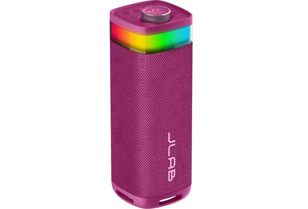 Głośnik mobilny JLAB Jbuds Party TWS stereo lewy prawy kanał przestrzenny dźwięk, głośnik po skosie na białym tle