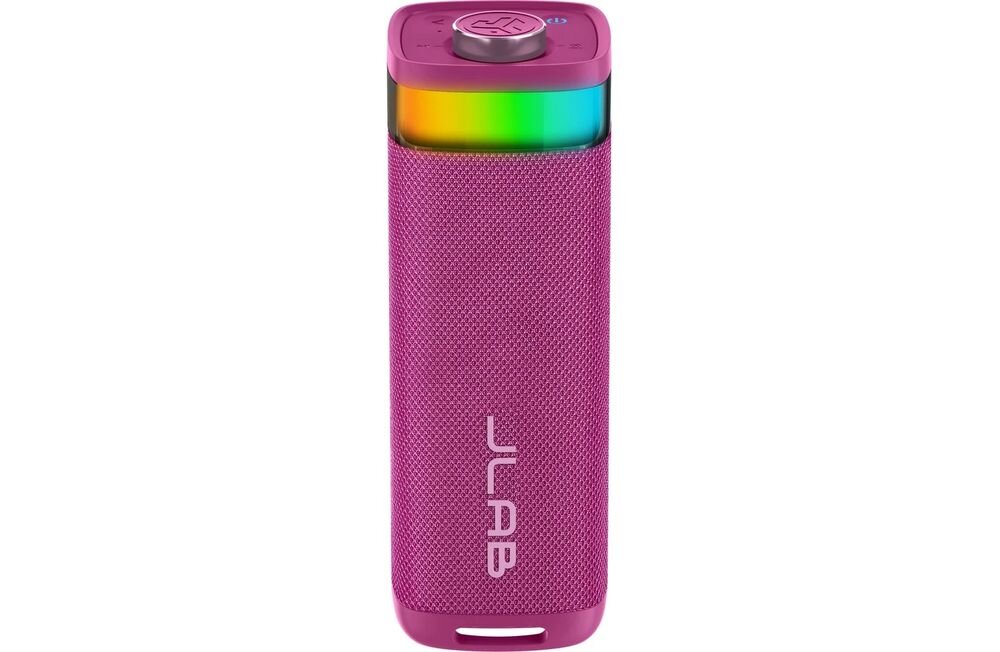 Głośnik mobilny JLAB Jbuds Party Bluetooth AUX mikrofon 6.35 mm USB-C zestaw kabel, głośnik od frontu na białym tle