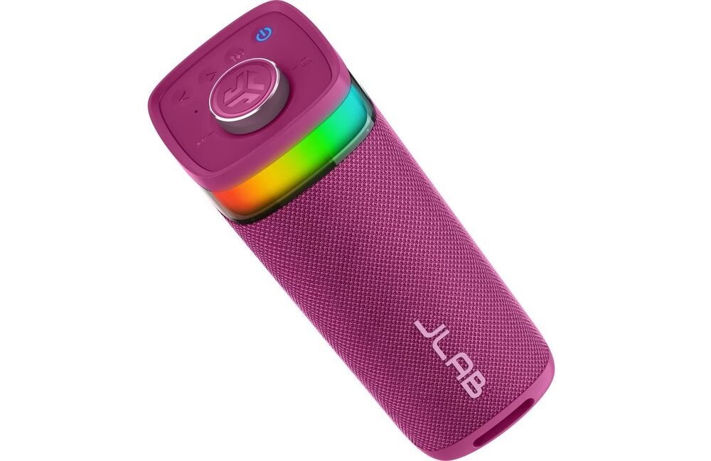 Głośnik mobilny JLAB Jbuds Party kompaktowe wymiary uchwyt transport mobilność, głośnik po skosie na białym tle