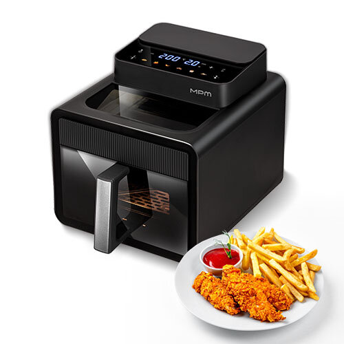 Frytkownica beztłuszczowa AirFryer MFR-16, obok talerz z jedzeniem.