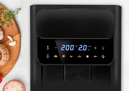 Panel sterowania frytkownicy MFR-16 z widoczną temperaturą, czasem i ikonami różnych programów działania.